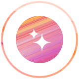 Ícone com duas centelhas brancas sobre um círculo listrado em rosa, laranja e roxo, dentro de um anel alaranjado.