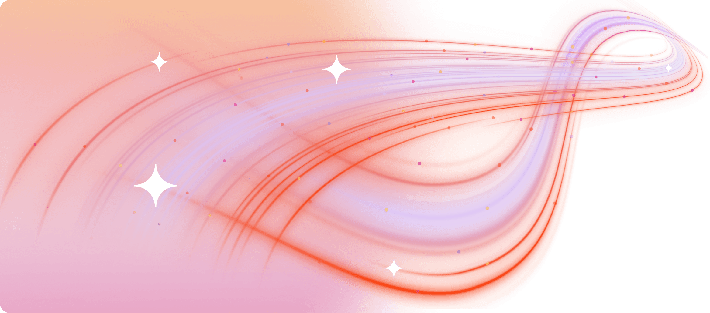 Diseño abstracto con líneas que fluyen en tonos rojo, naranja y morado, acompañadas de destellos brillantes.