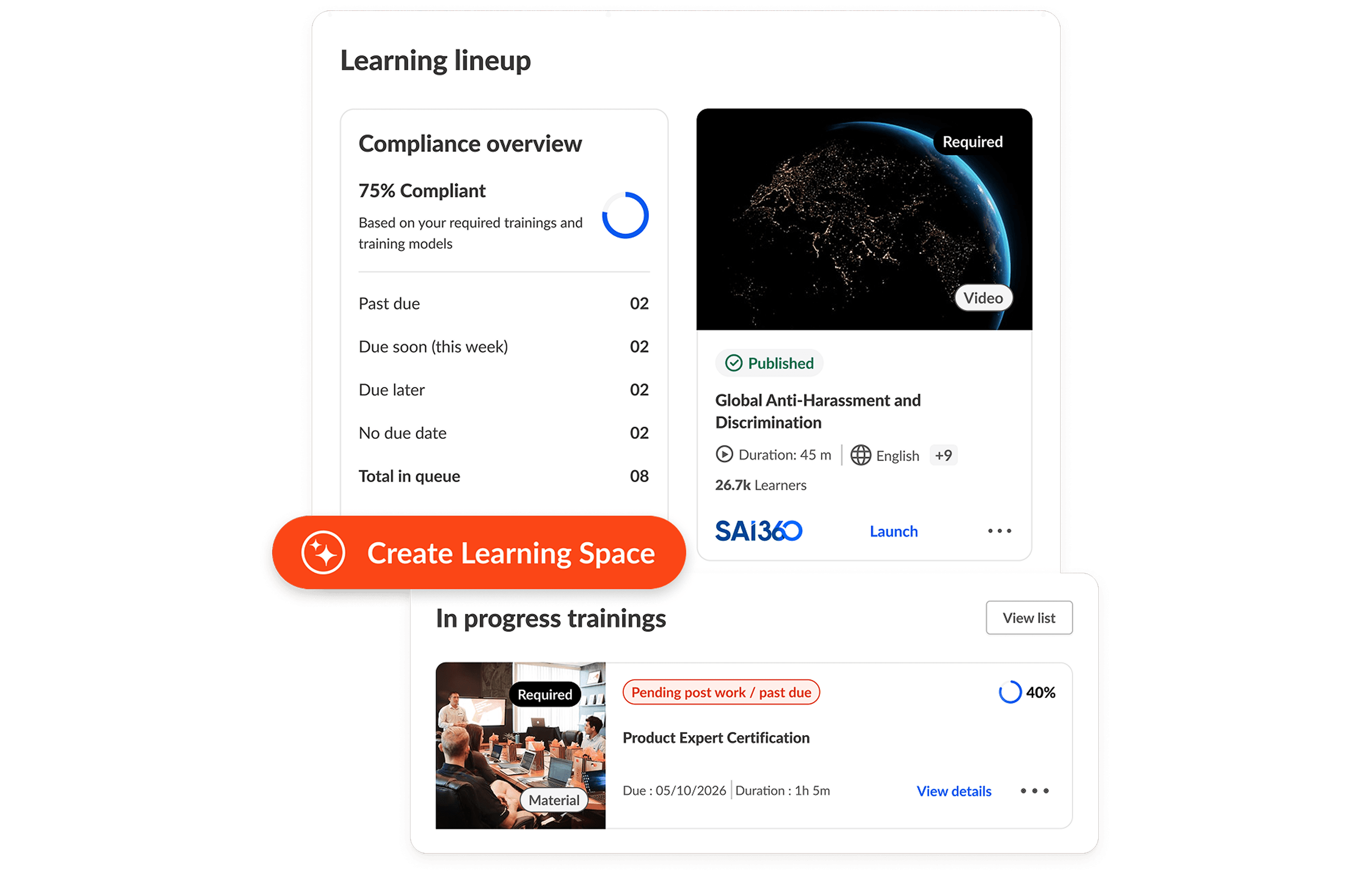 Uma interface da plataforma de aprendizagem com uma visão geral da compliance, vários módulos de treinamento e um botão em destaque "Abra espaço para a aprendizagem".