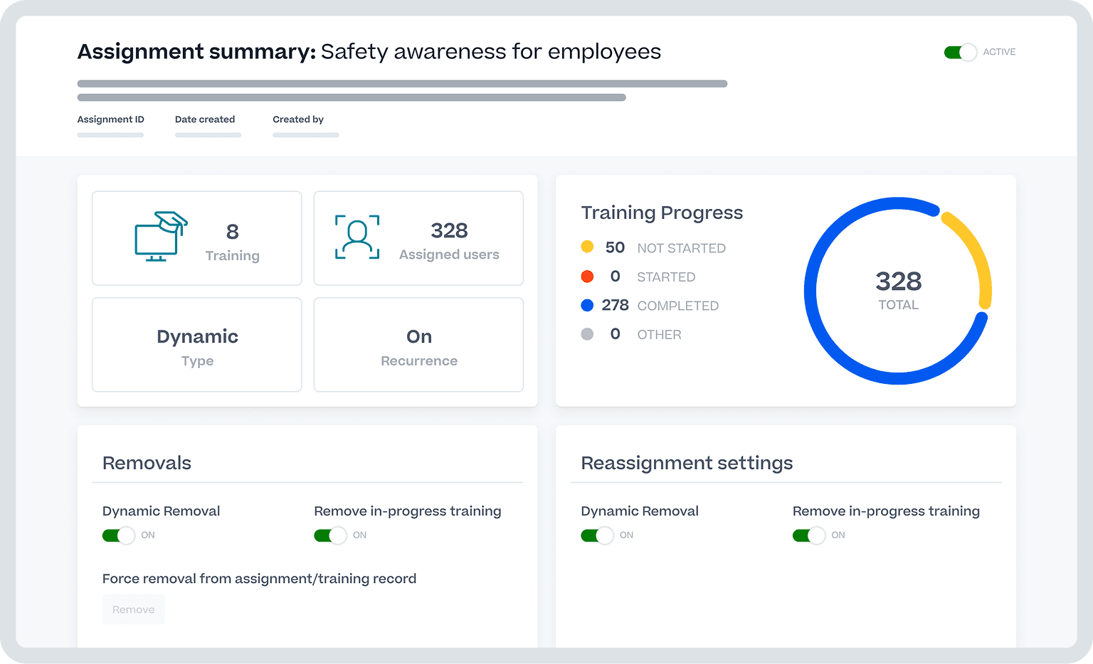 Un dashboard que muestra un resumen de la formación "Conciencia de seguridad para empleados", que incluye el progreso de 328 usuarios asignados y configuraciones de administración.